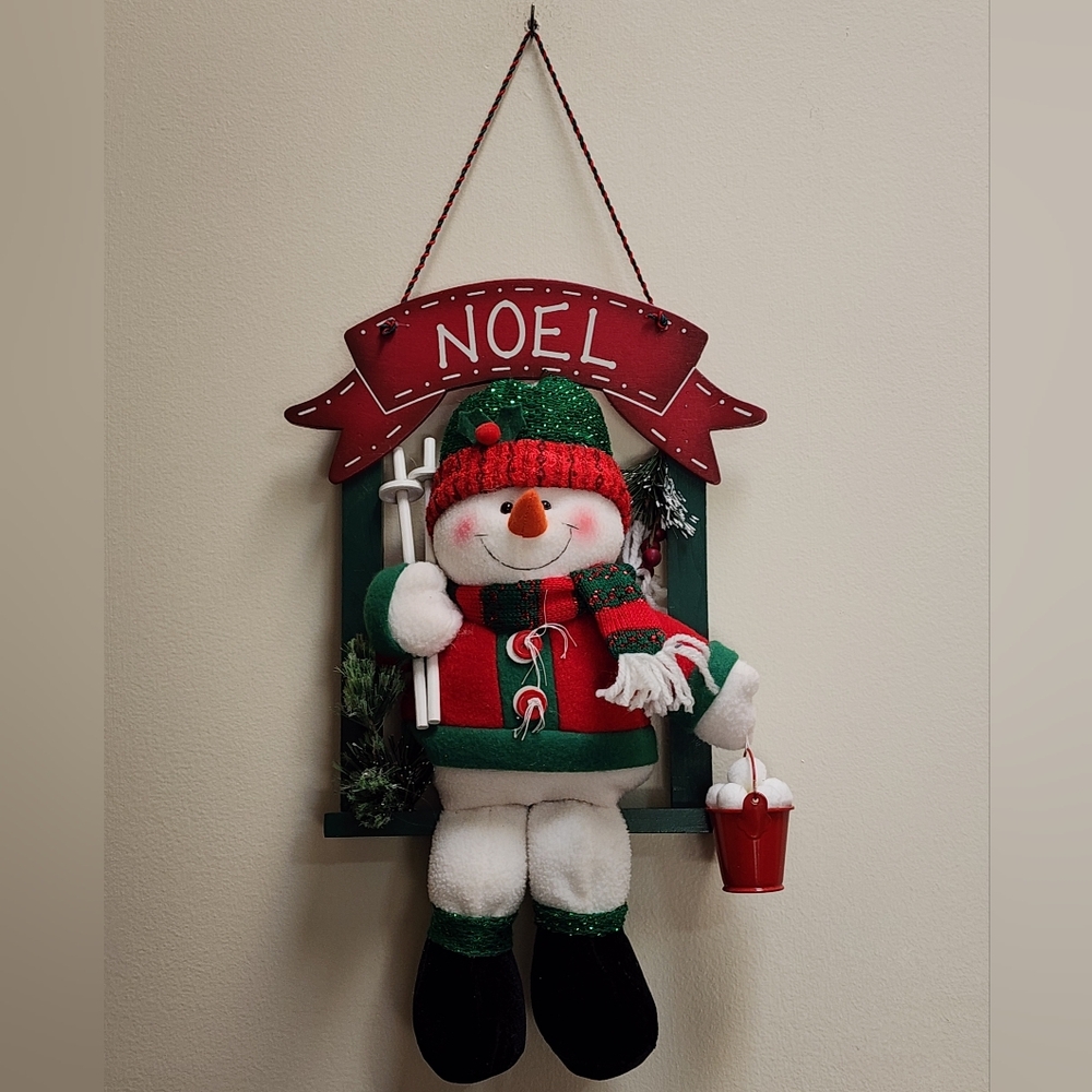 Red and Green Wood Wall Or Shelf Decor Plush Snowman With Pail Of Snowballs